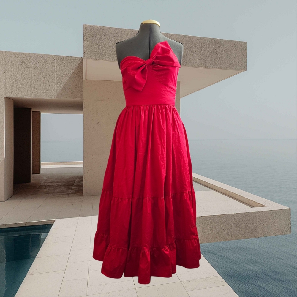 NWT Red Ruffled Strapless Dress with Assymetrical Bow